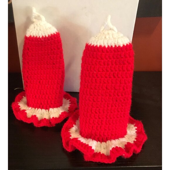 Crochet Candle Covers Red & White Christmas Handmade Home Decor 7 1/2 Inches Vtg - Picture 5 of 5